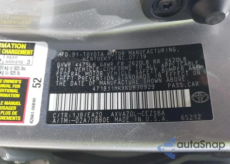 2019 Toyota Camry Se из США, поврежденный, VIN 4T1B11HKXKU830929